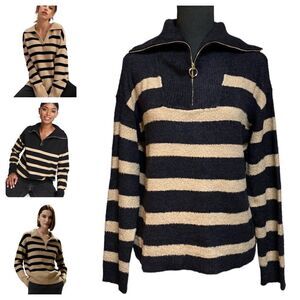 RACHEL ZOE Back & Tan Striped Zip Sweater